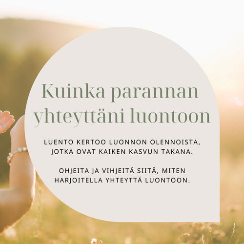 Kuinka parannan yhteyttäni luontoon verkkoluennon tuotekuva, jossa sisältötekstiä keskellä ja luonto taustalla